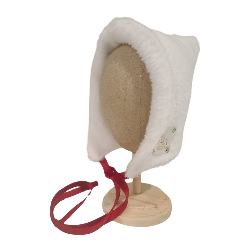 Neve Fur Pixie Bonnet with Red Velvet Ties